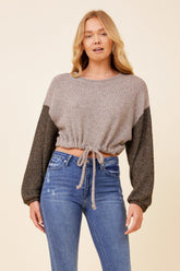 Light Grey w/ Charcoal Tie Front Color Block Sweater | Vintage Havana Clothing