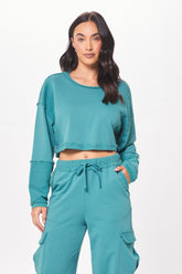 Teal Green Terry Cargo Fleece Crewneck | Vintage Havana Clothing