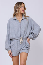 Heather Grey Bounded Textured Jersey Zip Up W/ Tie | Vintage Havana Clothing