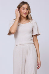 Heather Oatmeal Drapey Knit Puff Sleeve Top | Vintage Havana Clothing