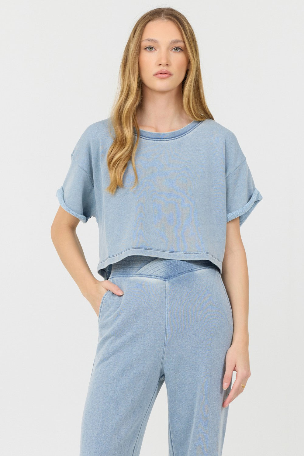 Washed Denim Terry Fleece Cropped Shirt | Vintage Havana Clothing