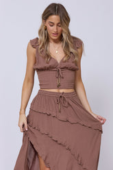 Washed Mocha Rayon Crinkle Flutter Sleeve Top | Vintage Havana Clothing