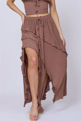 Washed Mocha Rayon Crinkle Ruffle Maxi Skirt | Vintage Havana Clothing