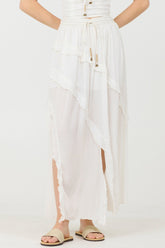 Clean White Rayon Crinkle Ruffle Maxi Skirt | Vintage Havana Clothing