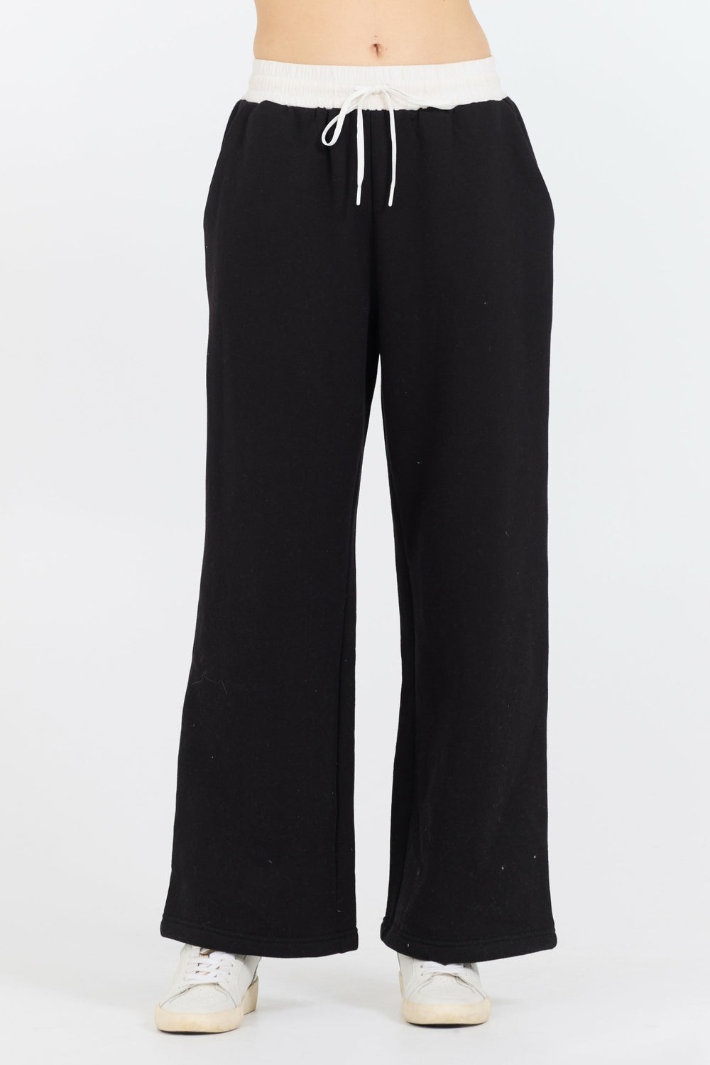 Black/ White Essential Fleece Pant W/ Poplin Waist | Vintage Havana Clothing