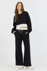 Black/ White Essential Fleece Pant W/ Poplin Waist | Vintage Havana Clothing
