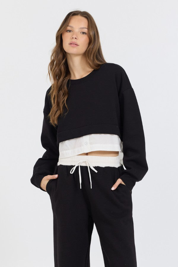 Black/ White Essential Fleece Crewneck W/ Poplin Insert | Vintage Havana Clothing