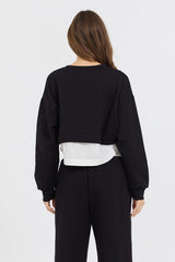 Black/ White Essential Fleece Crewneck W/ Poplin Insert | Vintage Havana Clothing