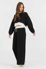 Black/ White Essential Fleece Crewneck W/ Poplin Insert | Vintage Havana Clothing