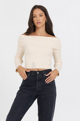 Ivory Distressed Off Shoulder Sweater | Vintage Havana Clothing