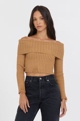 Caramel Distressed Off Shoulder Sweater | Vintage Havana Clothing