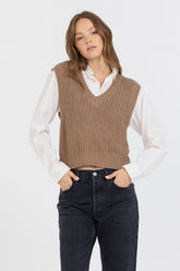 Toffee W/ White Twofer Cropped Sweater Vest | Vintage Havana Clothing