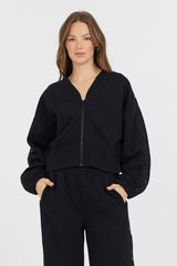 Black Brushed Fleece Zip Up W/ Snap Sleeves | Vintage Havana Clothing
