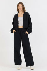 Black Brushed Fleece Zip Up W/ Snap Sleeves | Vintage Havana Clothing