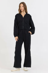 Black Brushed Fleece Zip Up W/ Snap Sleeves | Vintage Havana Clothing