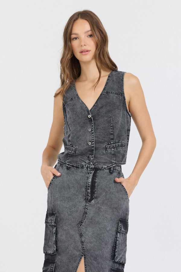 Washed Black Twill Button Front Vest Top | Vintage Havana Clothing