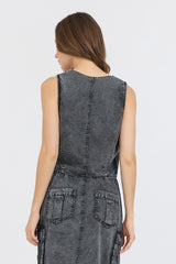 Washed Black Twill Button Front Vest Top | Vintage Havana Clothing
