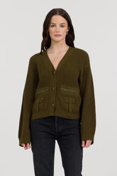 Deep Olive Fitted Utilty Cardigan | Vintage Havana Clothing