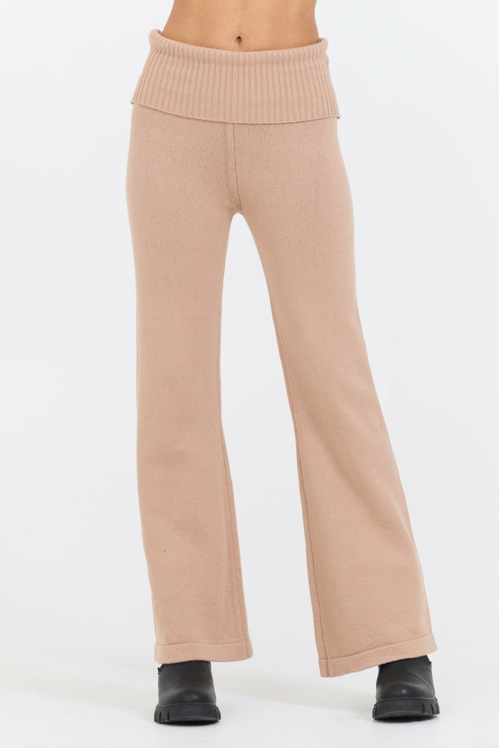 Salted Caramel Slim Fit Knit Fold Over Flare Pant | Vintage Havana Clothing