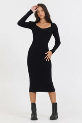 Black Fitted Rib Knit Midi Dress | Vintage Havana Clothing