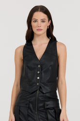 Black Leather Button Front Vest | Vintage Havana Clothing