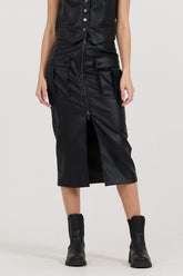 Black leather Zip Front Midi Skirt | Vintage Havana Clothing