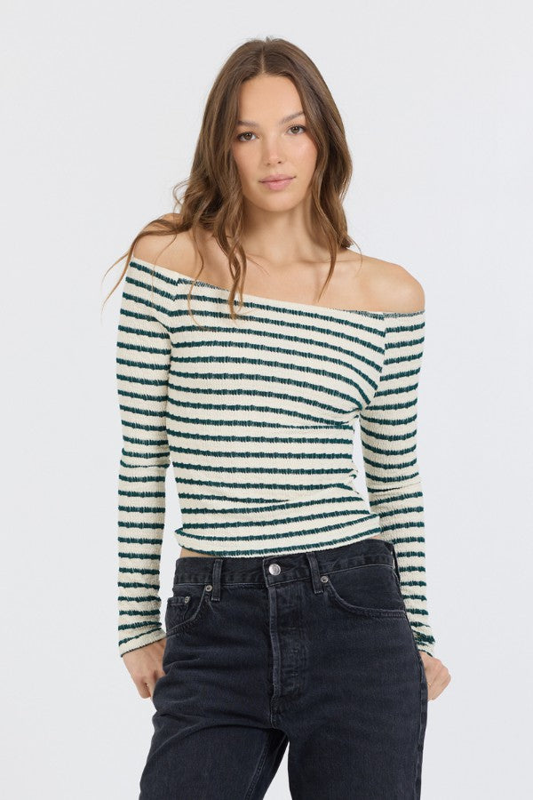 Ivory Green Fitted Off The Shoulder Top | Vintage Havana Clothing