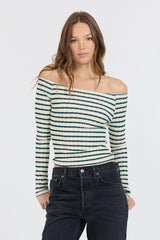 Ivory Green Fitted Off The Shoulder Top | Vintage Havana Clothing