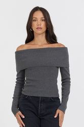 Heather Charcoal Off Shoulder Sweater | Vintage Havana Clothing