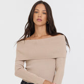 Heather Oatmeal Off Shoulder Sweater | Vintage Havana Clothing