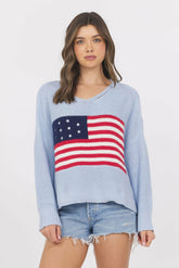 Light Blue American Flag Graphic Sweater | Vintage Havana Clothing