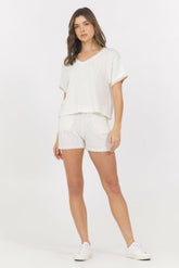 White Summer Sand Short Sleeve Sweater w/ Whipstitch | Vintage Havana Clothing