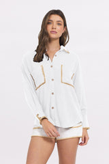 White Button Up Shirt w/ Tan Whip Stitch | Vintage Havana Clothing