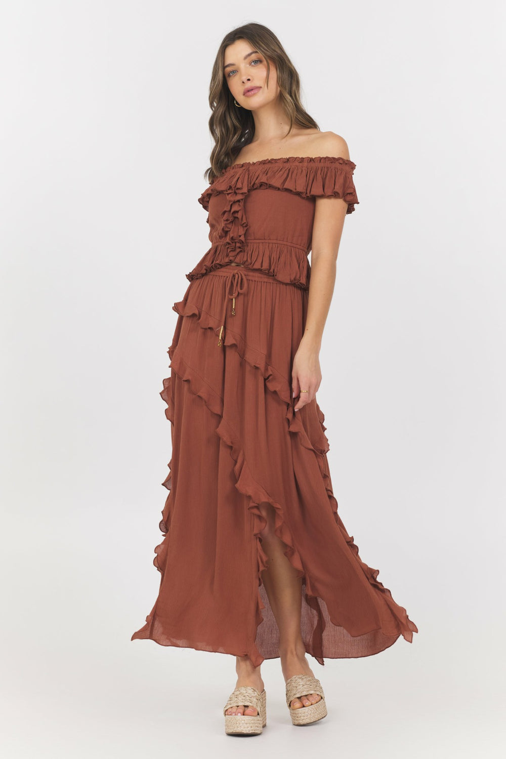 Sedona Sand Ruffle Off Shoulder Top | Vintage Havana Clothing