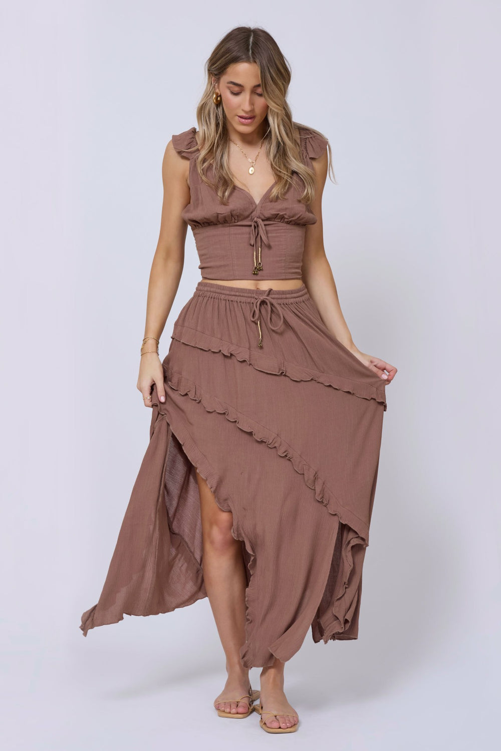 Washed Mocha Skirt + Top 2-Piece Set | Vintage Havana Clothing