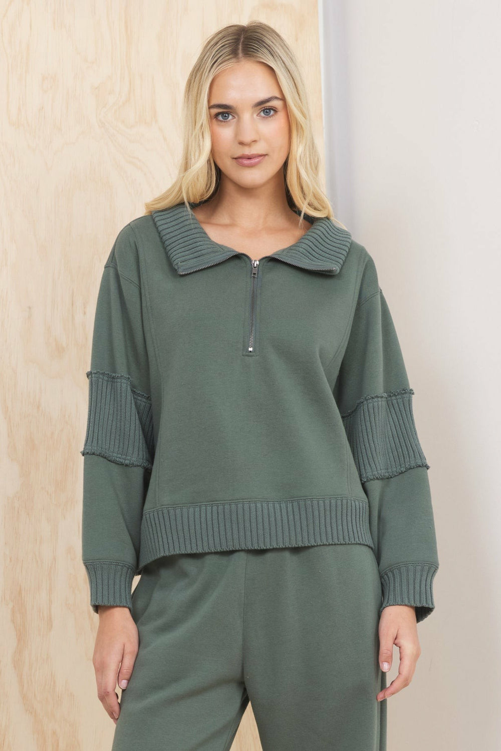 Fleece Quarter Zip w/ Rib Detail - Olive | Vintage Havana Clothing
