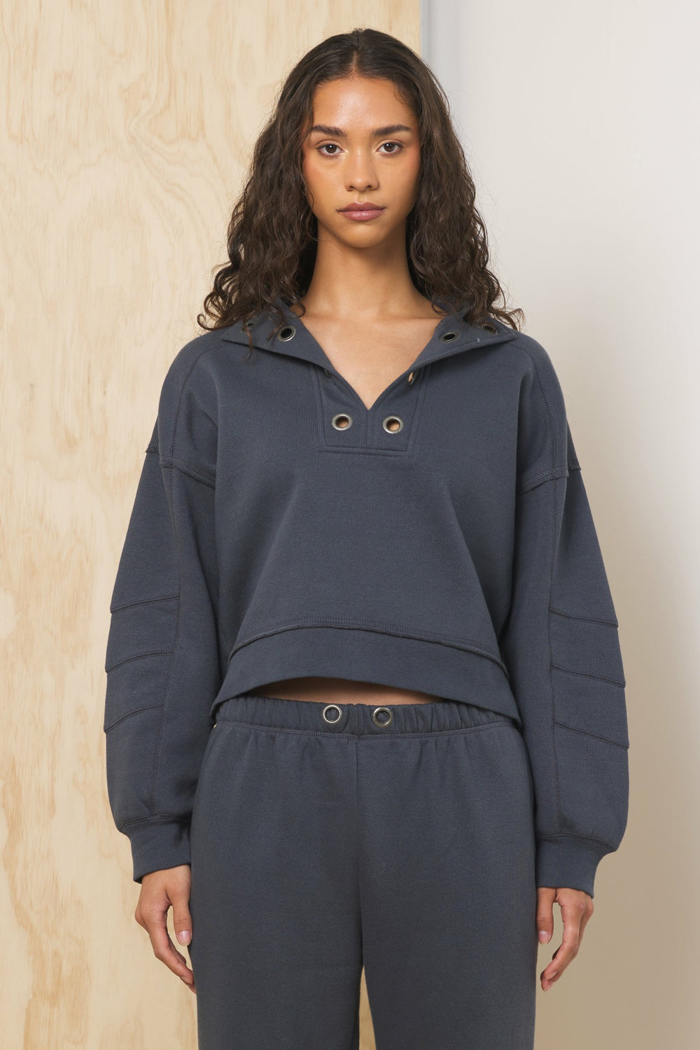 Surf Wash Henley Sweatshirt in Charcoal | Vintage Havana Clothing