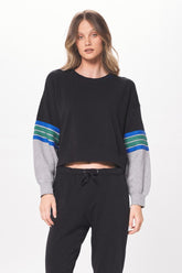 Vintage Havana Hoodies | Women Black & Grey Fleece Crewneck W/ Twill Tape Black/grey