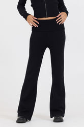 Vintage Havana Wide Leg Pants | Women Black Slim Fit Knit Fold Over Flare Pant Black