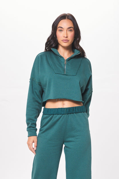 Hunter Green Fleece Quarter Zip w/ Raw Edge | Vintage Havana Women