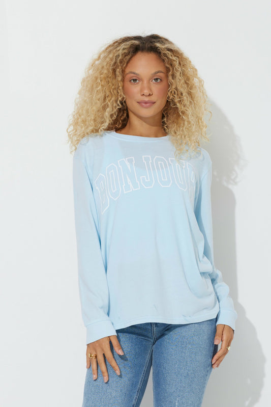 Sky Blue "Bonjour" Pigment Dyed Long Sleeve Tee | Vintage Havana Women