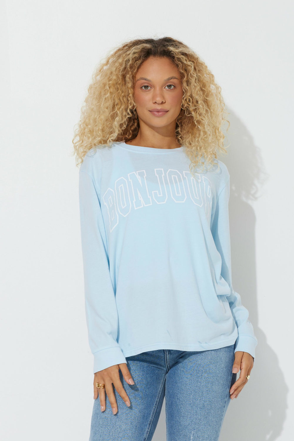 Sky Blue "Bonjour" Pigment Dyed Long Sleeve Tee | Vintage Havana Clothing
