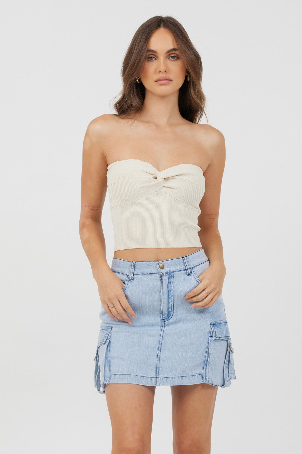 Sunrise Sand Rib Knit Twist Front Tube Top | Vintage Havana Clothing