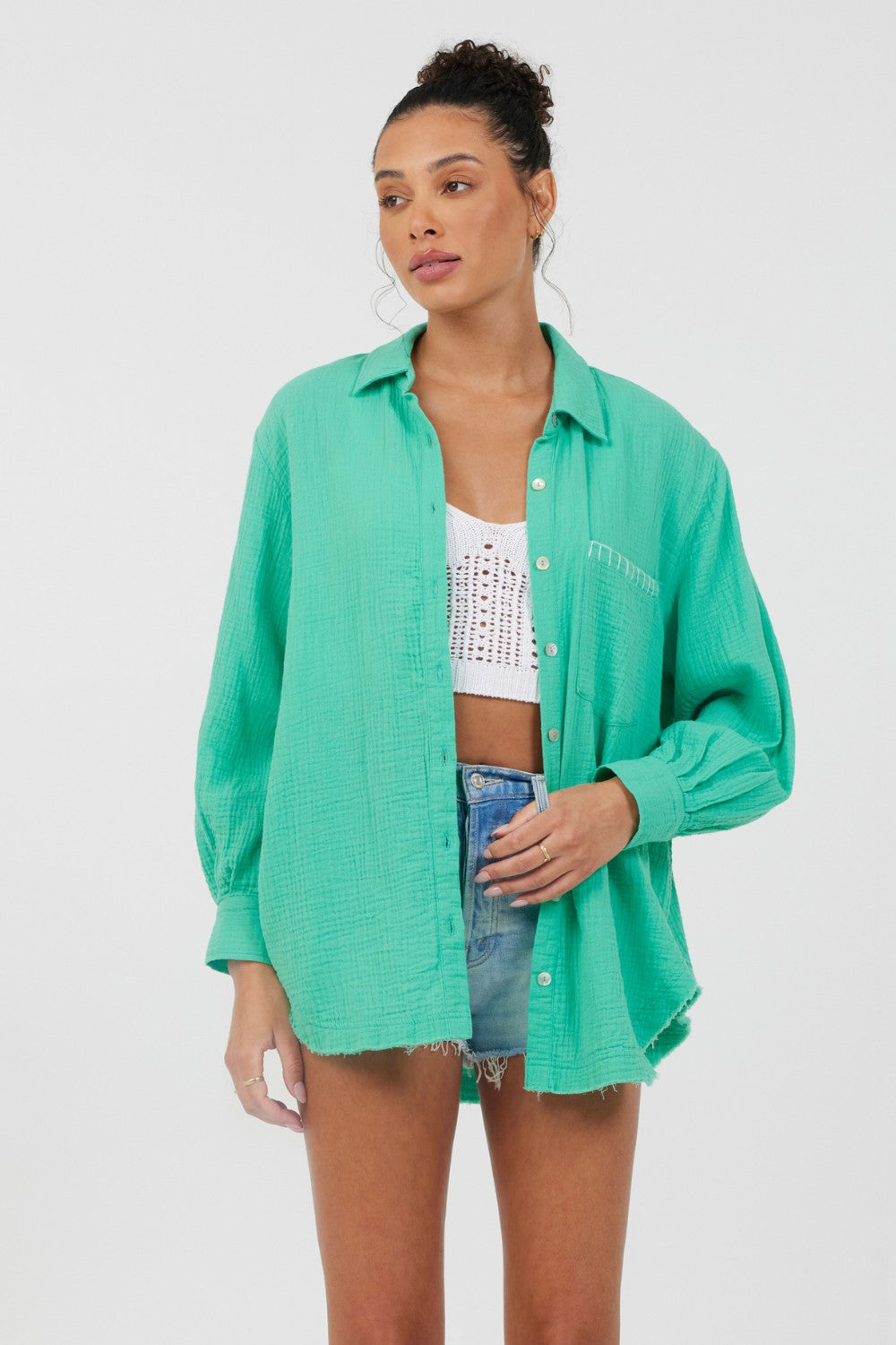 Super Green/ Soft Ivory Embroidery Detail Gauze Shirting | Vintage Havana Clothing