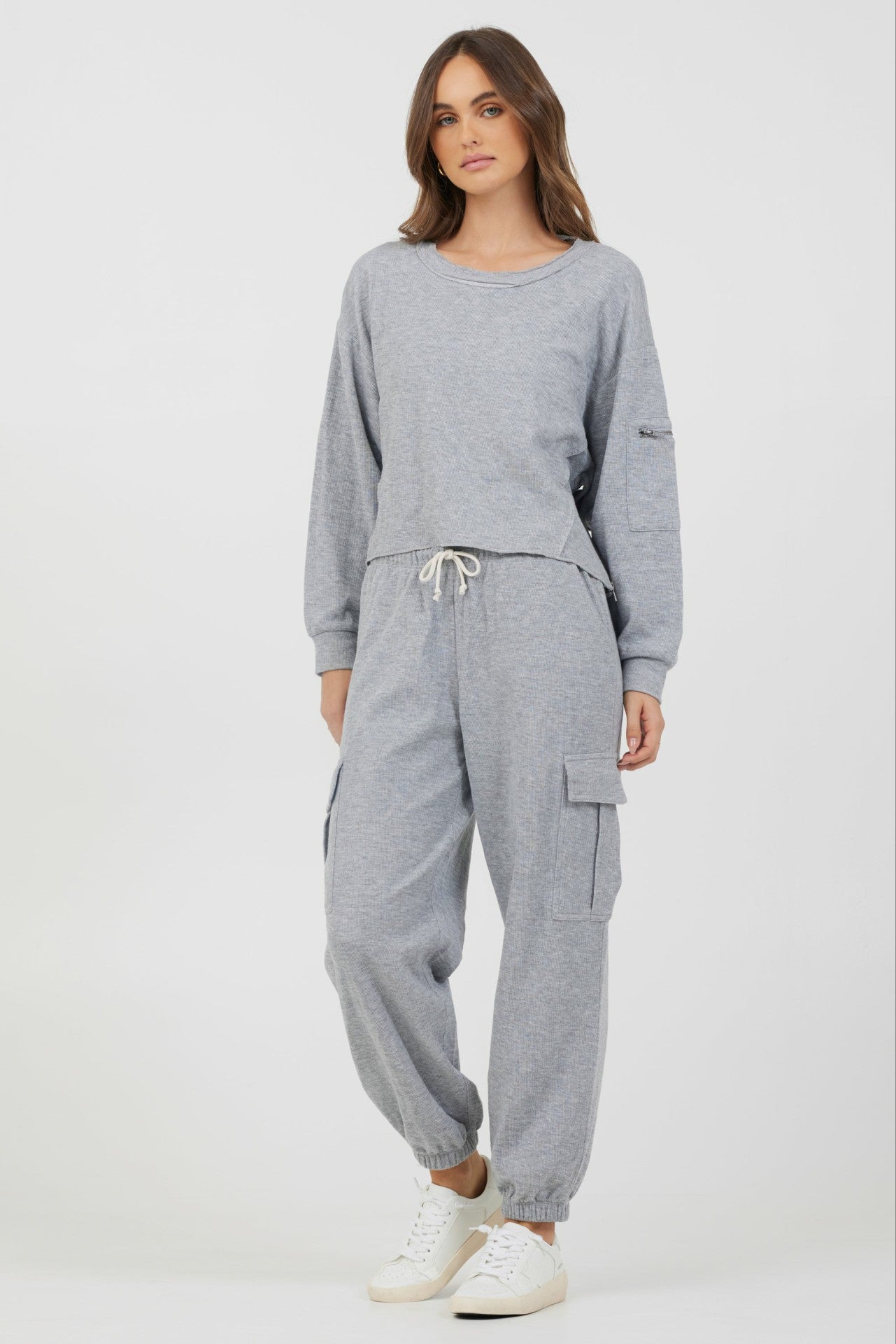 Heather Grey Bounded Textured Jersey Utility Crewneck | Vintage Havana Clothing