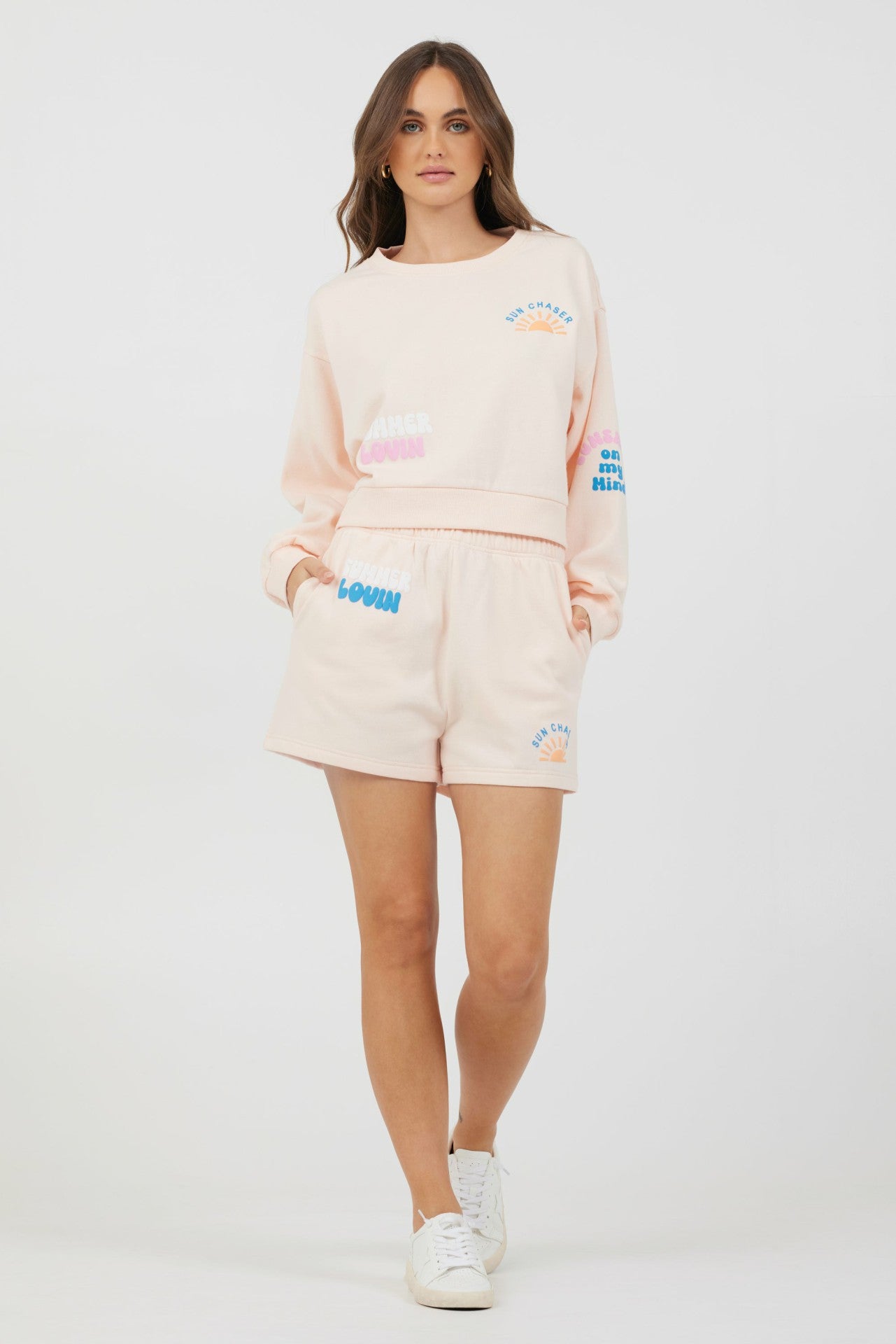 Peach Parfait W/ Multi Puff Print Surf Wash Crewneck | Vintage Havana Clothing