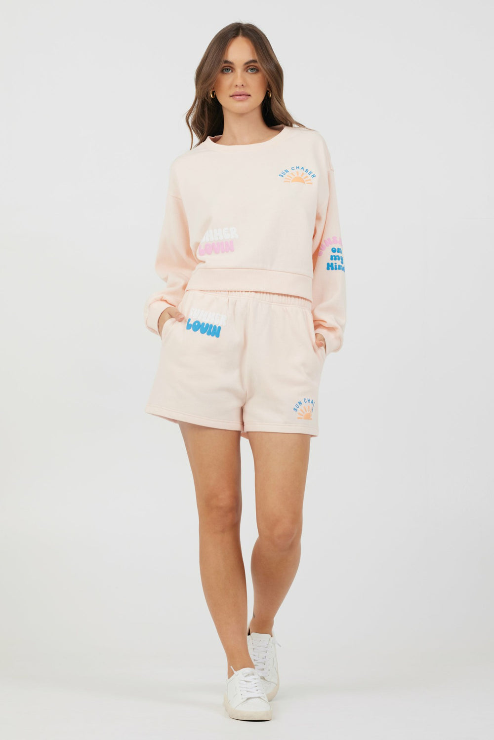 Peach Parfait W/ Multi Puff Print Surf Wash Crewneck | Vintage Havana Clothing