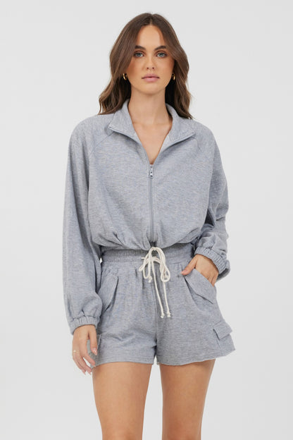 Heather Grey Bounded Textured Jersey Zip Up W/ Tie | Vintage Havana Women