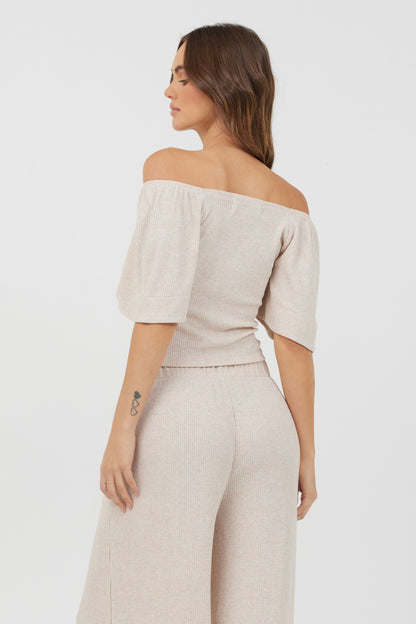 Heather Oatmeal Drapey Knit Puff Sleeve Top | Vintage Havana Women