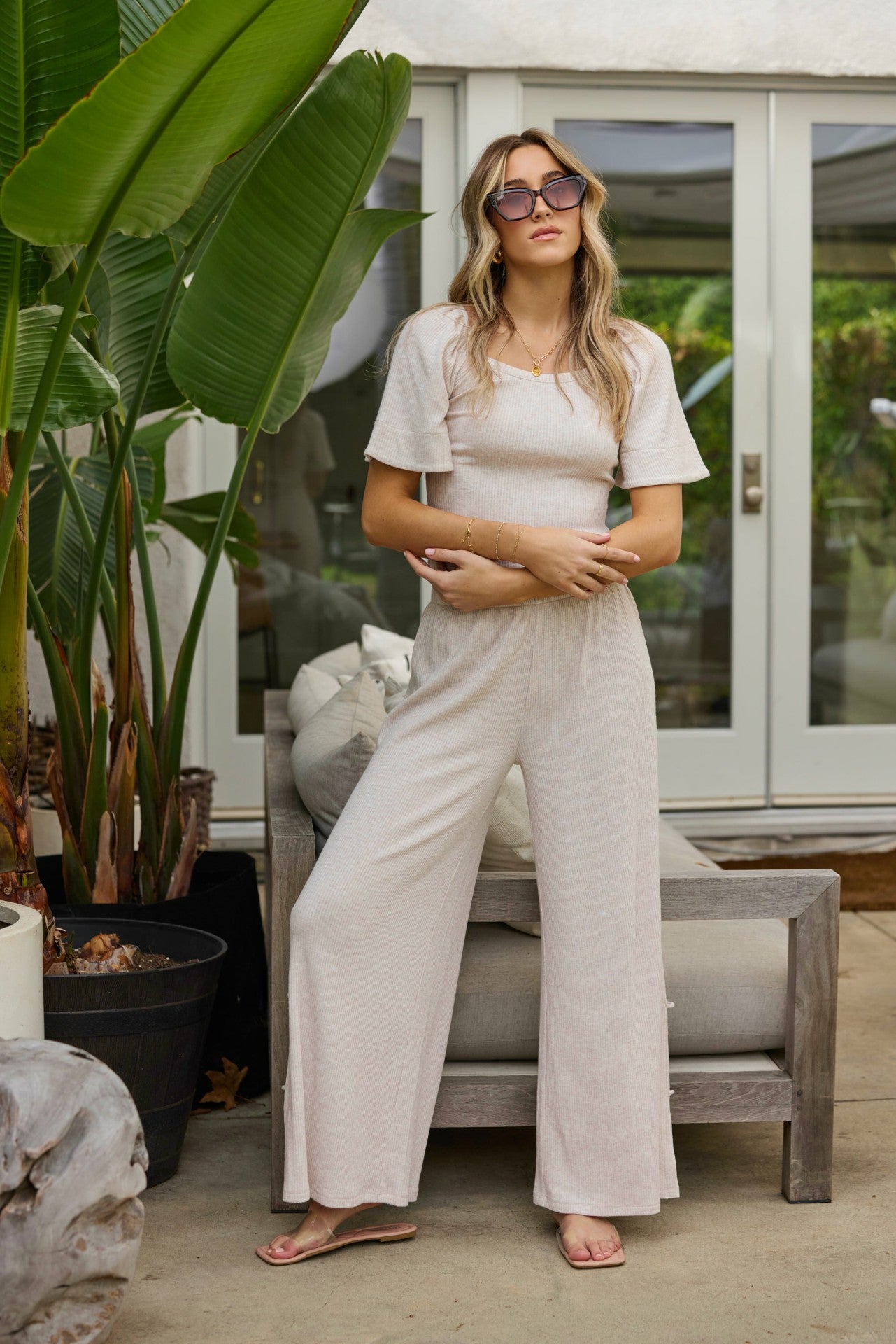 Heather Oatmeal Drapey Knit Cut Out Pants | Vintage Havana Clothing